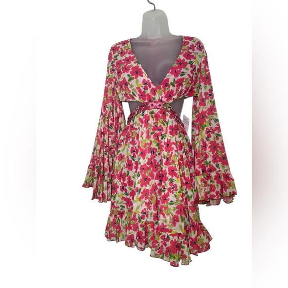 Mac Duggal 9158 Floral Chiffon Cutout Mini Dress Bell Sleeves Size 4 NWT - Picture 4 of 5